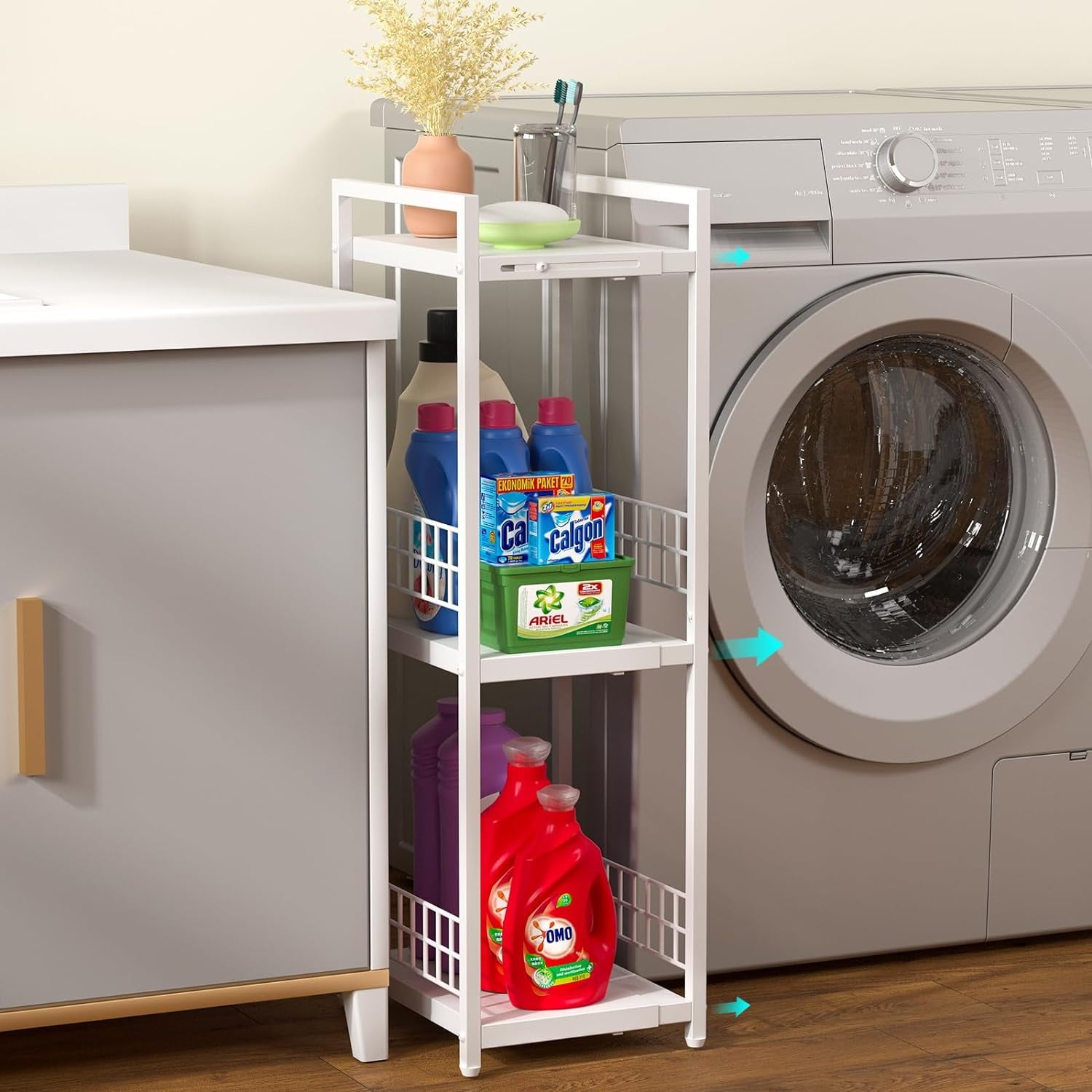 Expandable Slim Storage Shelf 3 Tier Metal Shelving Unit for Bathroom Storage Organizer Free-Standing Narrow Shelf Open Floor Shelves for Small Spaces Laundry Bathroom Kitchen White