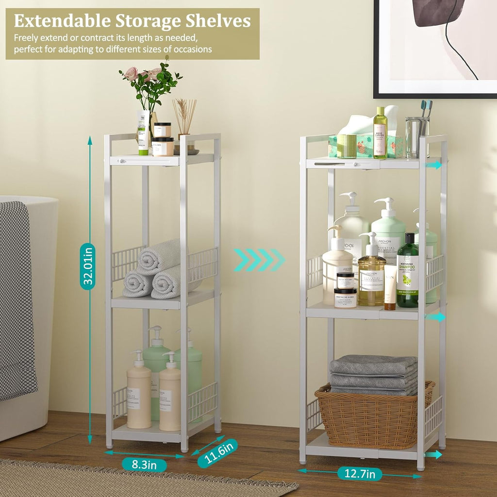 Expandable Slim Storage Shelf 3 Tier Metal Shelving Unit for Bathroom Storage Organizer Free-Standing Narrow Shelf Open Floor Shelves for Small Spaces Laundry Bathroom Kitchen White