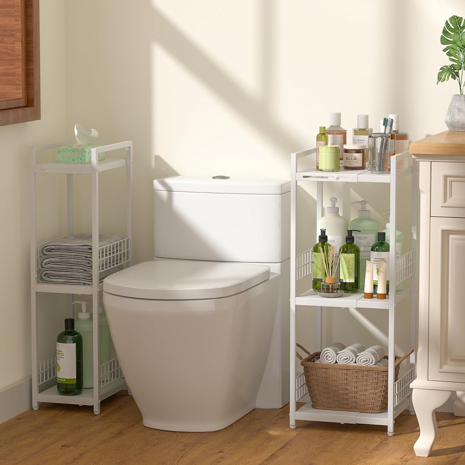Expandable Slim Storage Shelf 3 Tier Metal Shelving Unit for Bathroom Storage Organizer Free-Standing Narrow Shelf Open Floor Shelves for Small Spaces Laundry Bathroom Kitchen White