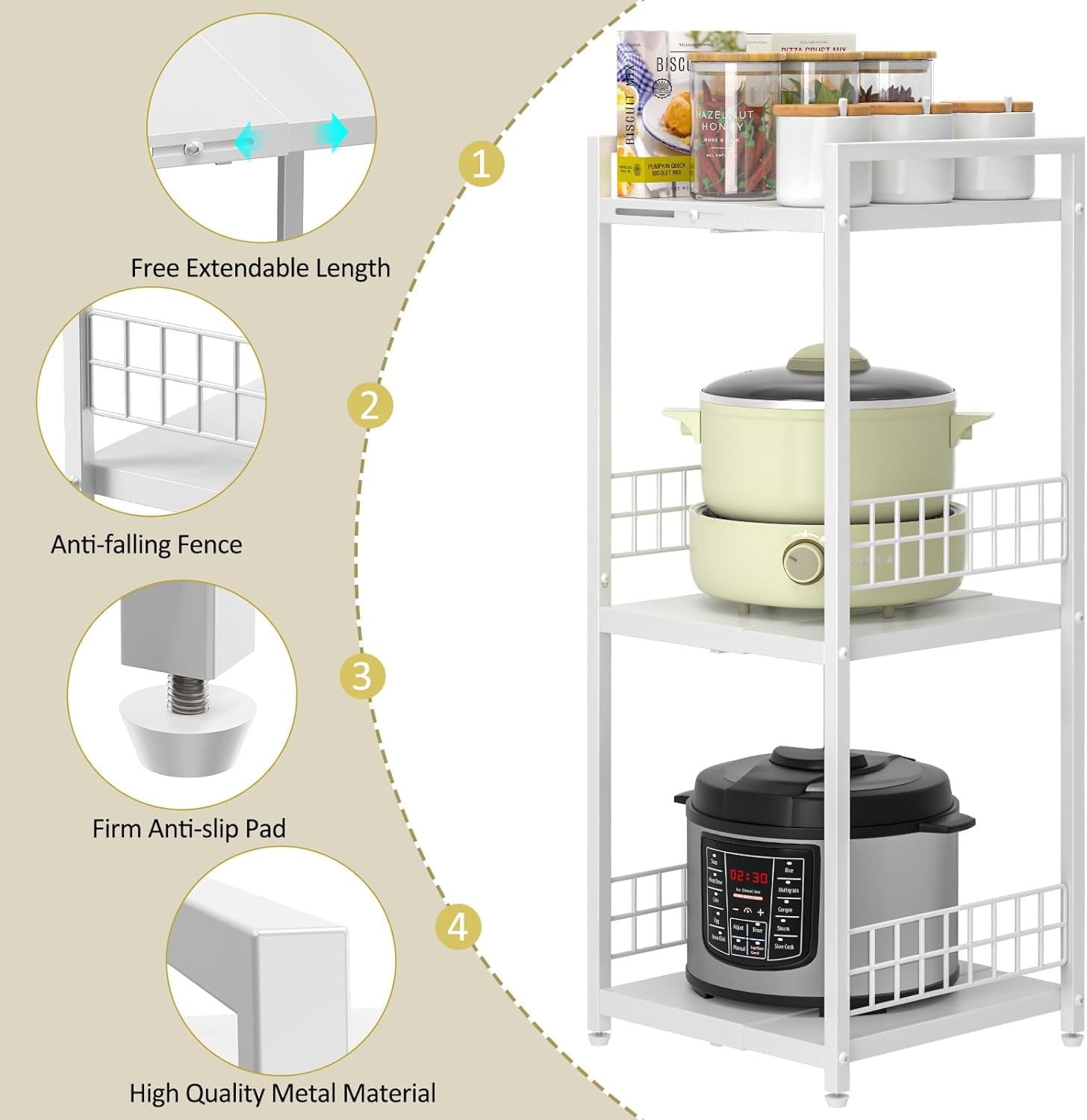 Expandable Slim Storage Shelf 3 Tier Metal Shelving Unit for Bathroom Storage Organizer Free-Standing Narrow Shelf Open Floor Shelves for Small Spaces Laundry Bathroom Kitchen White