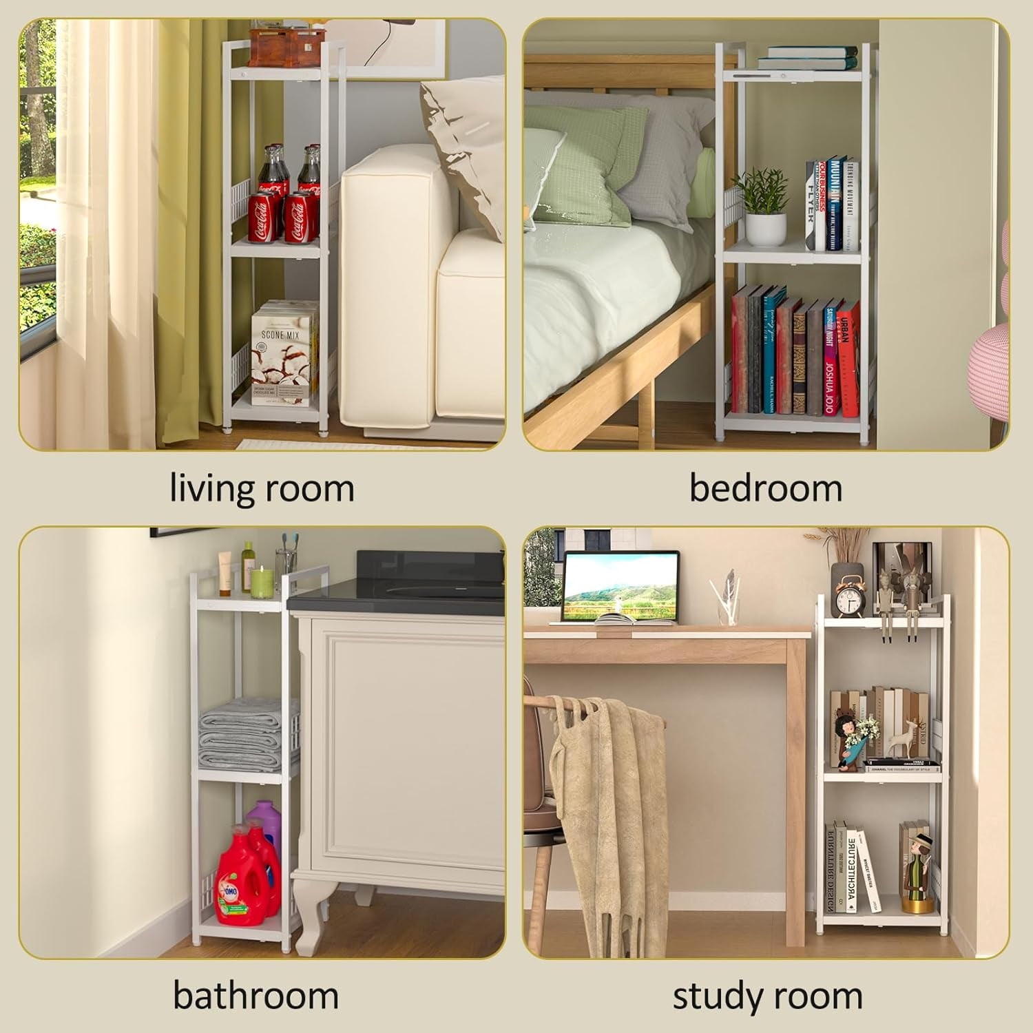 Expandable Slim Storage Shelf 3 Tier Metal Shelving Unit for Bathroom Storage Organizer Free-Standing Narrow Shelf Open Floor Shelves for Small Spaces Laundry Bathroom Kitchen White