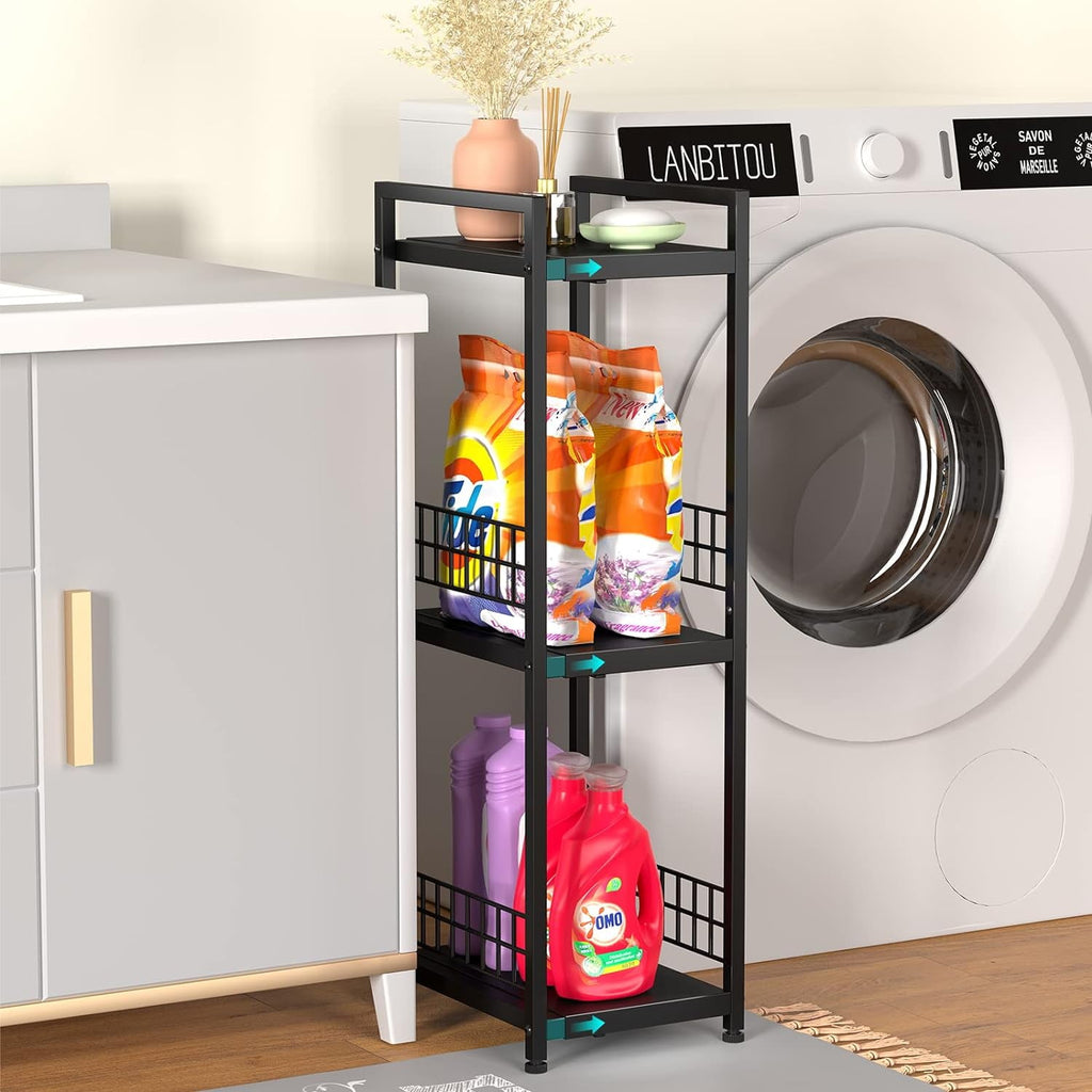 Expandable Slim Storage Shelf 3 Tier Metal Shelving Unit for Bathroom Storage Organizer Free-Standing Narrow Shelf Open Floor Shelves for Small Spaces Laundry Bathroom Kitchen White
