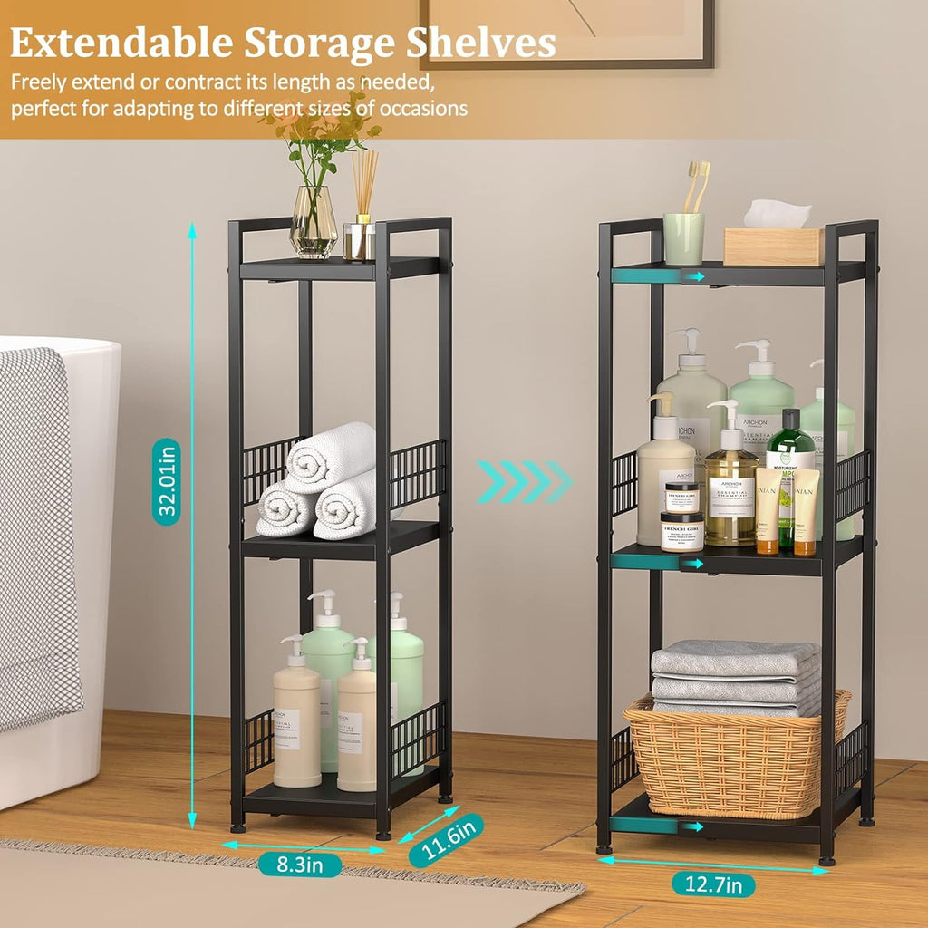 Expandable Slim Storage Shelf 3 Tier Metal Shelving Unit for Bathroom Storage Organizer Free-Standing Narrow Shelf Open Floor Shelves for Small Spaces Laundry Bathroom Kitchen White