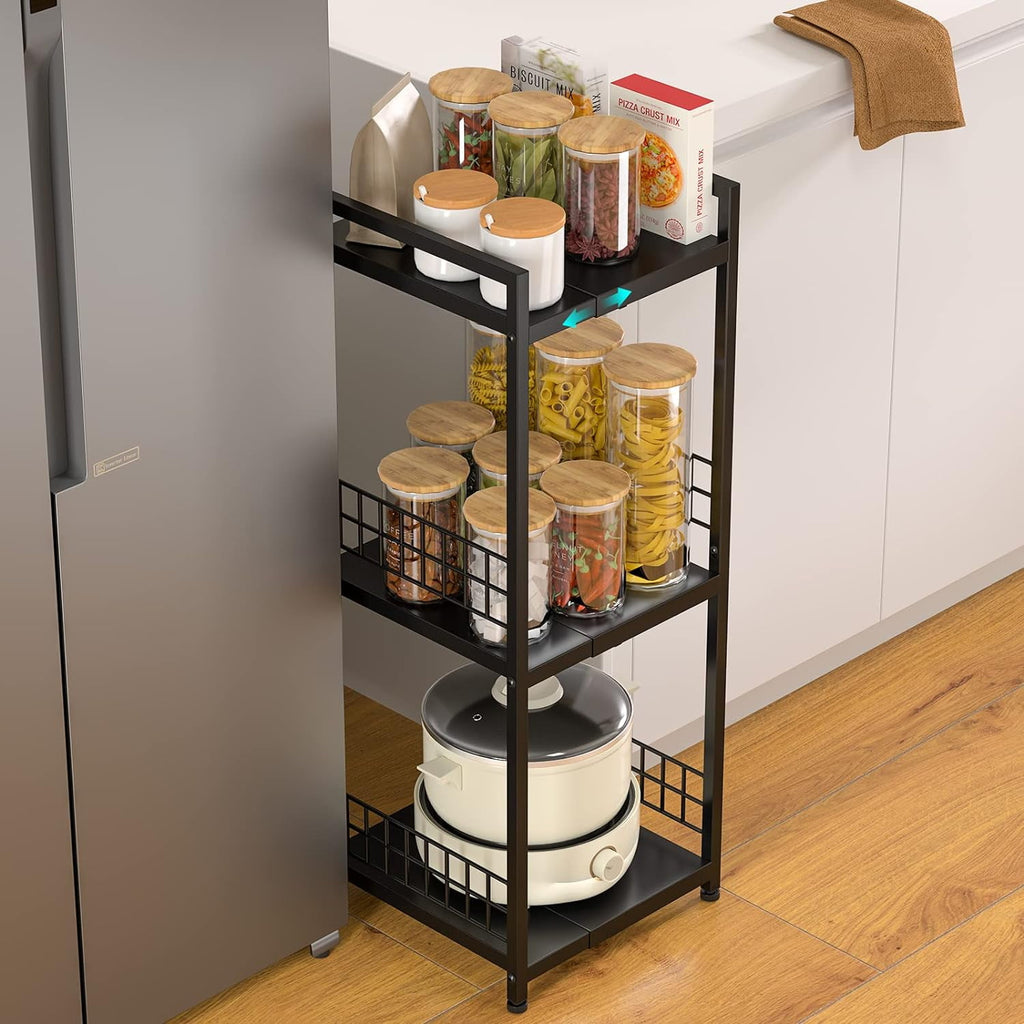 Expandable Slim Storage Shelf 3 Tier Metal Shelving Unit for Bathroom Storage Organizer Free-Standing Narrow Shelf Open Floor Shelves for Small Spaces Laundry Bathroom Kitchen White