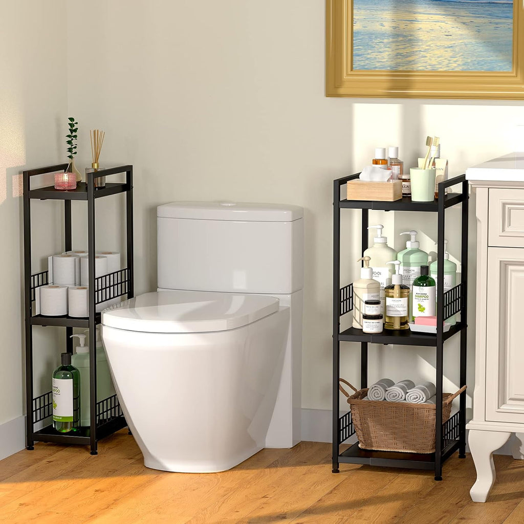Expandable Slim Storage Shelf 3 Tier Metal Shelving Unit for Bathroom Storage Organizer Free-Standing Narrow Shelf Open Floor Shelves for Small Spaces Laundry Bathroom Kitchen White