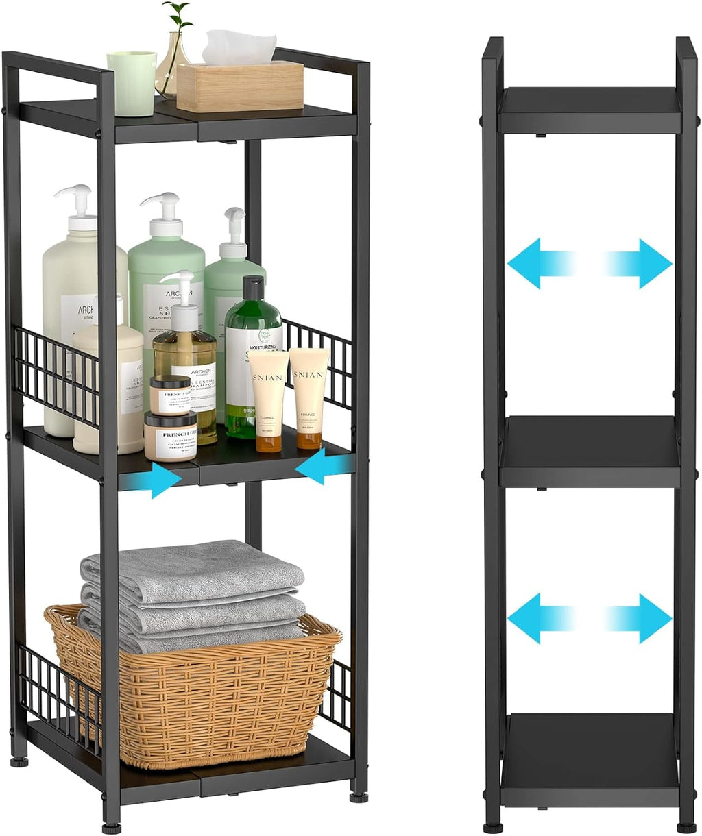 Expandable Slim Storage Shelf 3 Tier Metal Shelving Unit for Bathroom Storage Organizer Free-Standing Narrow Shelf Open Floor Shelves for Small Spaces Laundry Bathroom Kitchen White