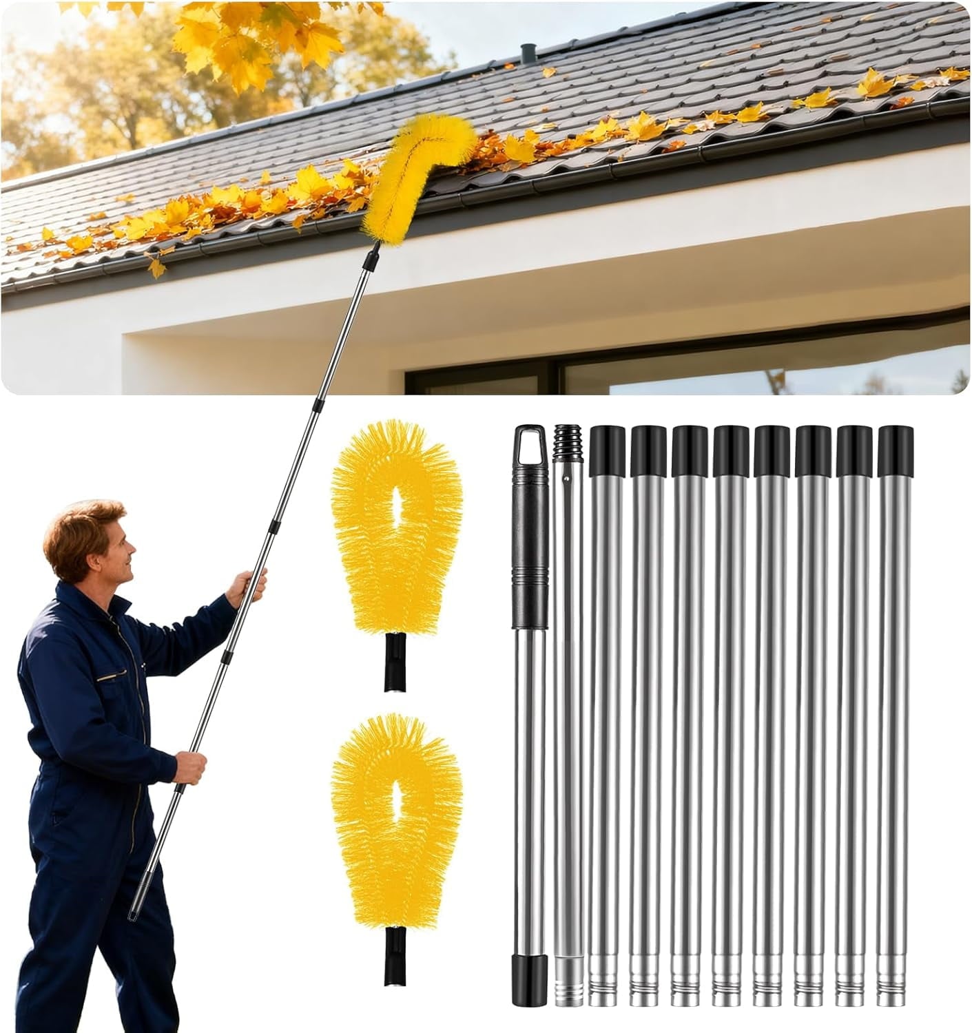 Gutter Cleaning Tools from The Ground - 12.7FT Long Adjustable gutter Cleaner &amp; Brush, No Ladder Needed | Gutter Clean Out Tool Makes it Easy To Clean Leaves, Branches And Debris from Gutters