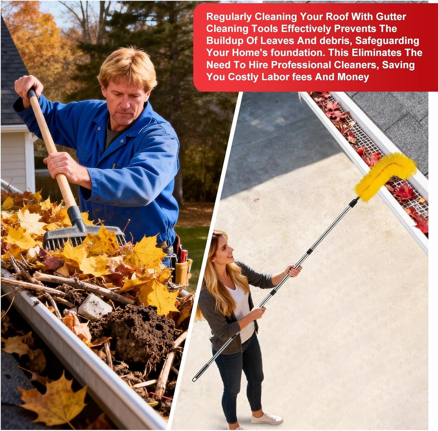 Gutter Cleaning Tools from The Ground - 12.7FT Long Adjustable gutter Cleaner &amp; Brush, No Ladder Needed | Gutter Clean Out Tool Makes it Easy To Clean Leaves, Branches And Debris from Gutters
