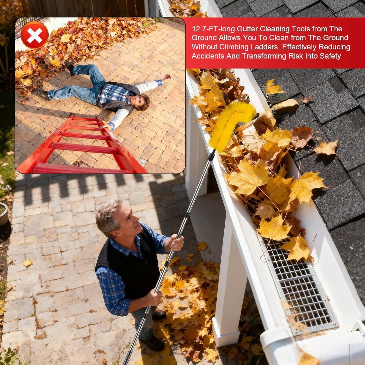 Gutter Cleaning Tools from The Ground - 12.7FT Long Adjustable gutter Cleaner &amp; Brush, No Ladder Needed | Gutter Clean Out Tool Makes it Easy To Clean Leaves, Branches And Debris from Gutters