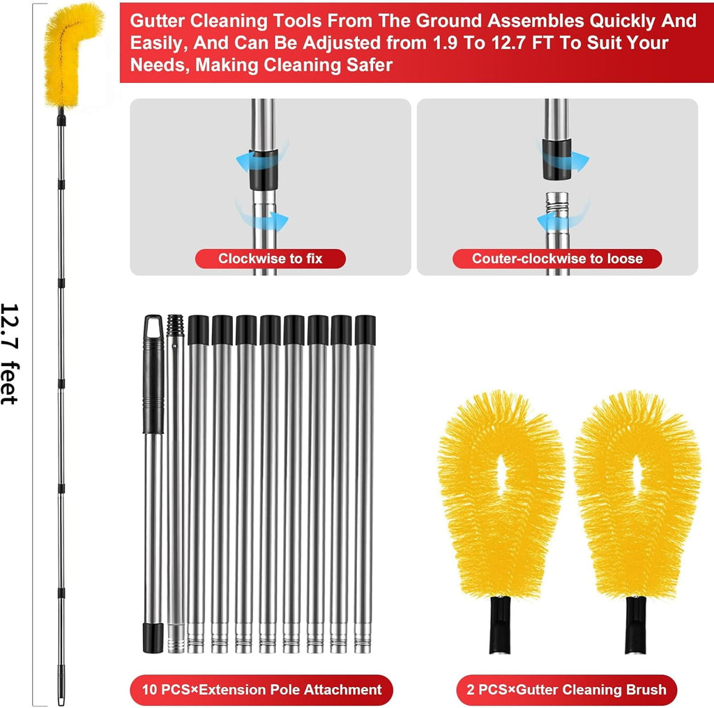 Gutter Cleaning Tools from The Ground - 12.7FT Long Adjustable gutter Cleaner &amp; Brush, No Ladder Needed | Gutter Clean Out Tool Makes it Easy To Clean Leaves, Branches And Debris from Gutters