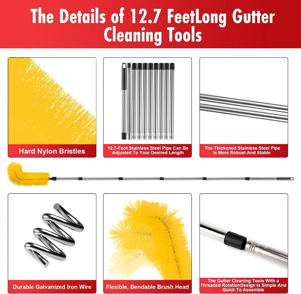 Gutter Cleaning Tools from The Ground - 12.7FT Long Adjustable gutter Cleaner &amp; Brush, No Ladder Needed | Gutter Clean Out Tool Makes it Easy To Clean Leaves, Branches And Debris from Gutters