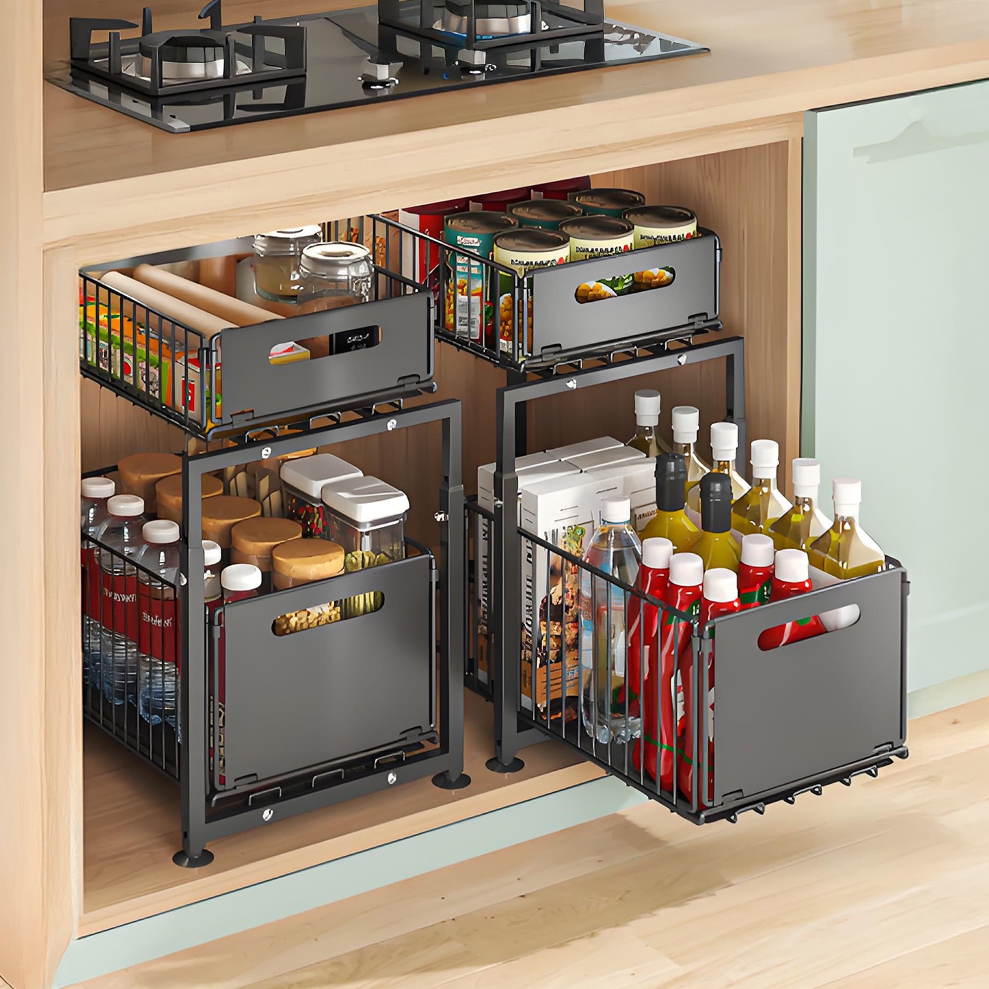 2-Tier Carbon Steel Under Sink Organizer, Pull Out Cabinet Drawer for Kitchen Pantry Storage