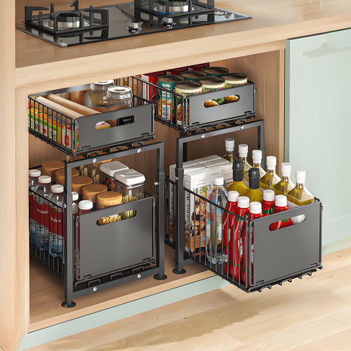 2-Tier Carbon Steel Under Sink Organizer, Pull Out Cabinet Drawer for Kitchen Pantry Storage