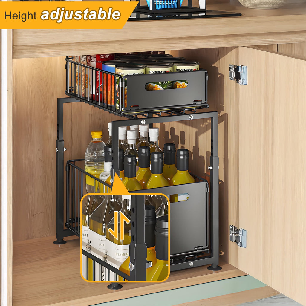 2-Tier Carbon Steel Under Sink Organizer, Pull Out Cabinet Drawer for Kitchen Pantry Storage