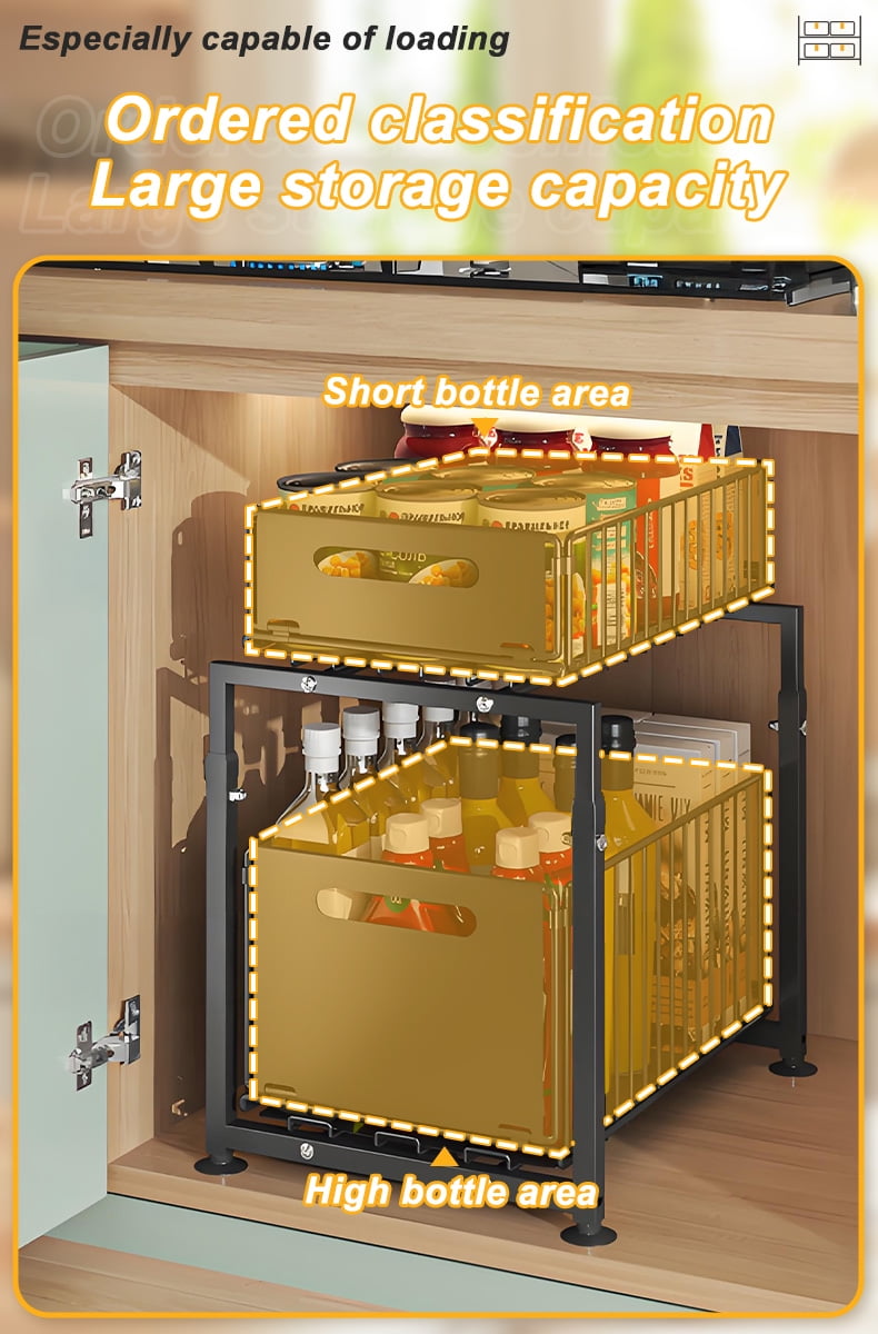 2-Tier Carbon Steel Under Sink Organizer, Pull Out Cabinet Drawer for Kitchen Pantry Storage