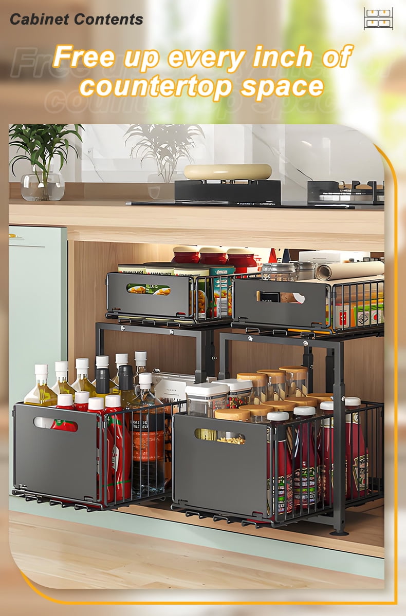 2-Tier Carbon Steel Under Sink Organizer, Pull Out Cabinet Drawer for Kitchen Pantry Storage