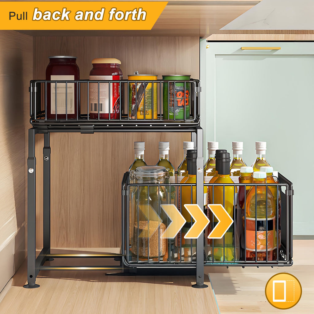 2-Tier Carbon Steel Under Sink Organizer, Pull Out Cabinet Drawer for Kitchen Pantry Storage