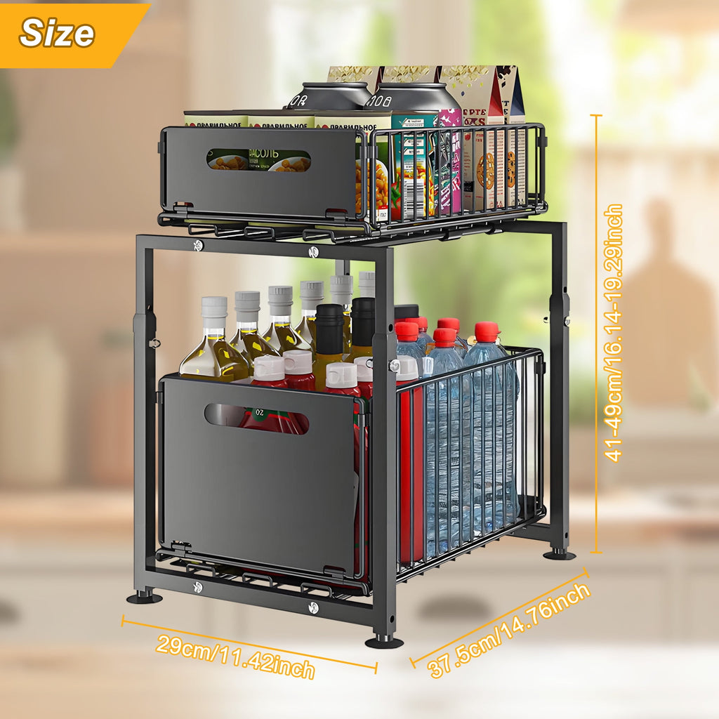 2-Tier Carbon Steel Under Sink Organizer, Pull Out Cabinet Drawer for Kitchen Pantry Storage