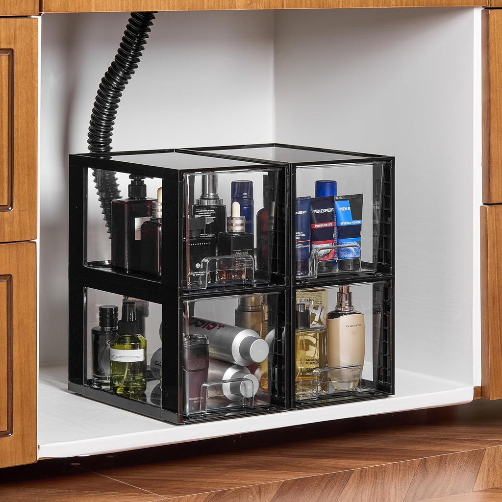 4 Pack Large Stackable Storage Drawers,Easily Assemble Acrylic Bathroom Closet Undersink Organizers and Storage,Plastic Bins for Kitchen Cabinets,Pantry,Makeup,Medicine Organization