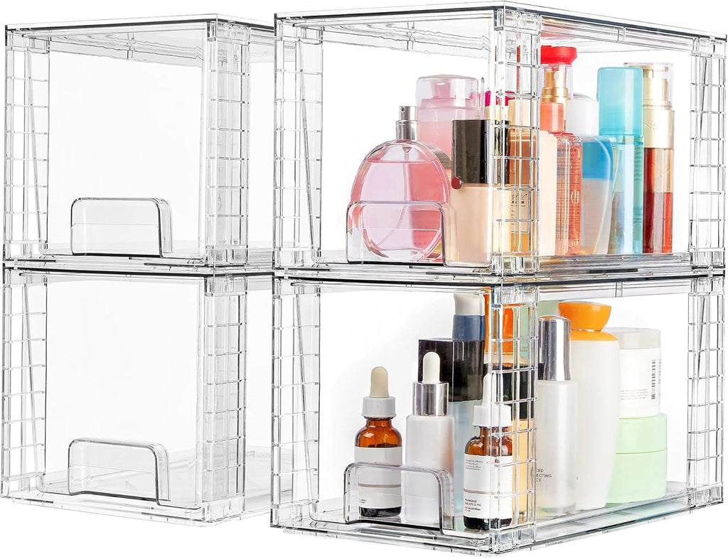 4 Pack Large Stackable Storage Drawers,Easily Assemble Acrylic Bathroom Closet Undersink Organizers and Storage,Plastic Bins for Kitchen Cabinets,Pantry,Makeup,Medicine Organization