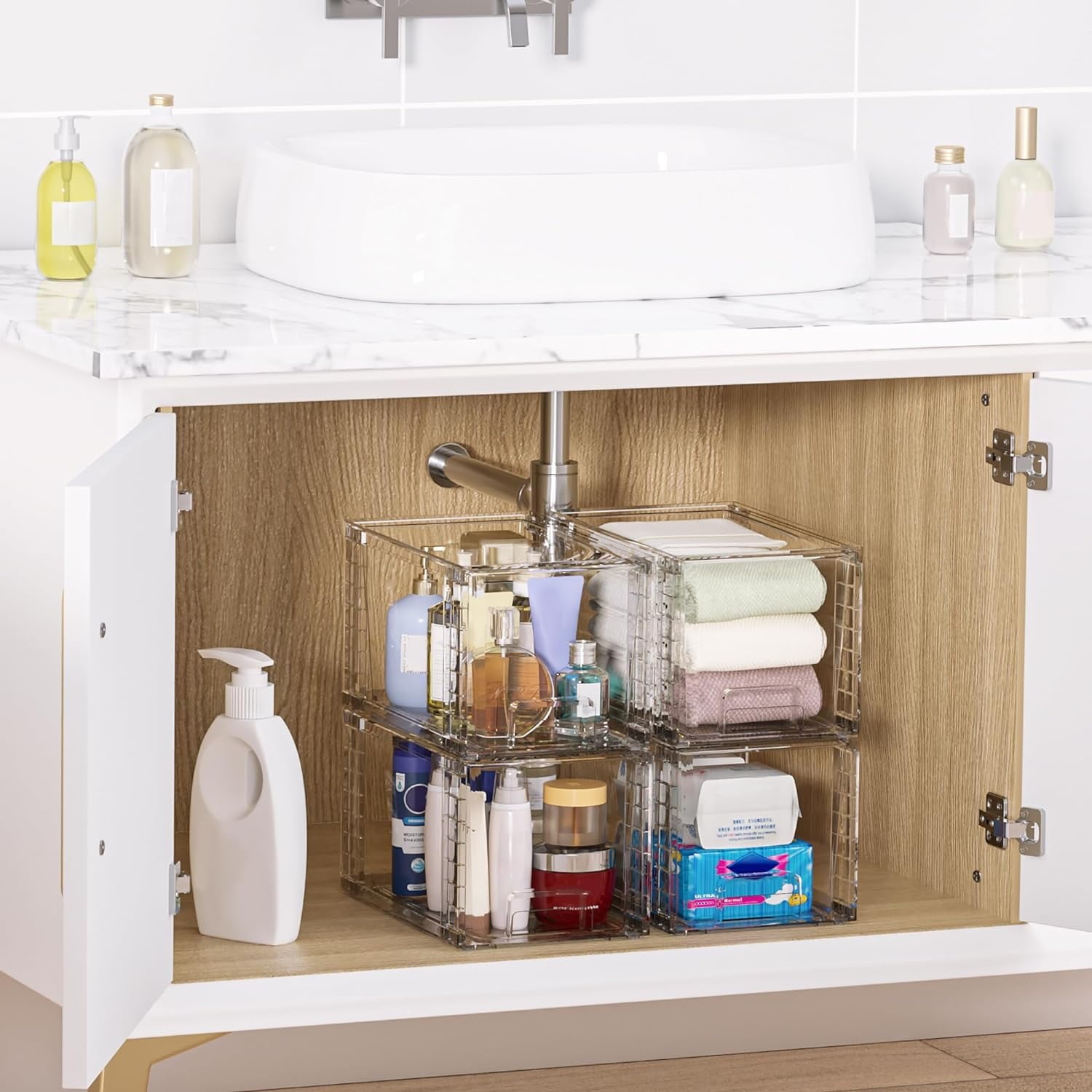 4 Pack Large Stackable Storage Drawers,Easily Assemble Acrylic Bathroom Closet Undersink Organizers and Storage,Plastic Bins for Kitchen Cabinets,Pantry,Makeup,Medicine Organization