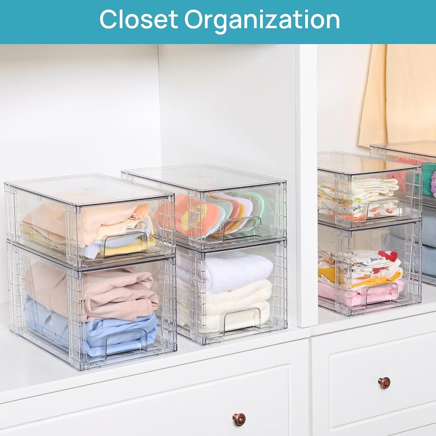 4 Pack Large Stackable Storage Drawers,Easily Assemble Acrylic Bathroom Closet Undersink Organizers and Storage,Plastic Bins for Kitchen Cabinets,Pantry,Makeup,Medicine Organization