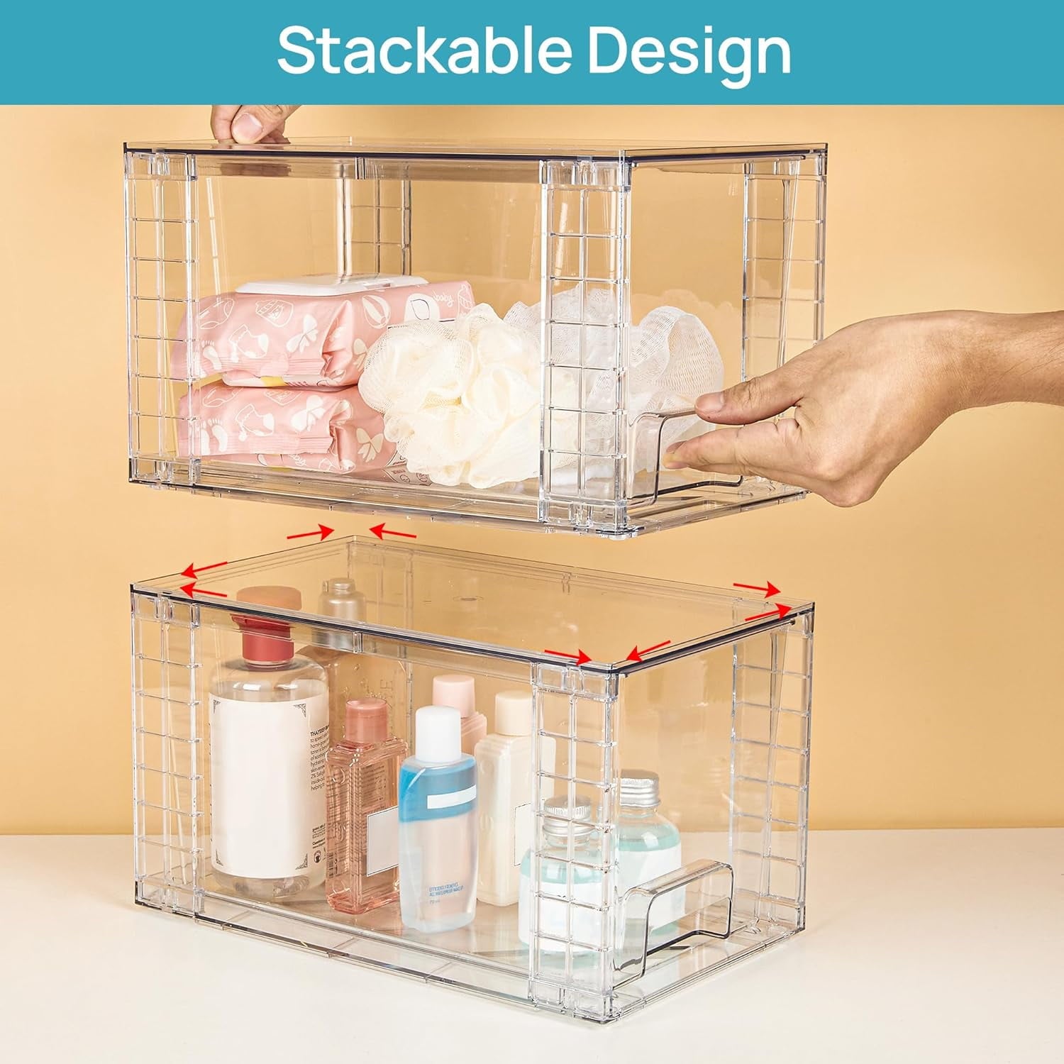 4 Pack Large Stackable Storage Drawers,Easily Assemble Acrylic Bathroom Closet Undersink Organizers and Storage,Plastic Bins for Kitchen Cabinets,Pantry,Makeup,Medicine Organization