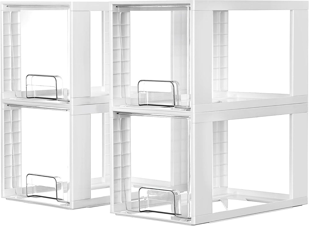 4 Pack Large Stackable Storage Drawers,Easily Assemble Acrylic Bathroom Closet Undersink Organizers and Storage,Plastic Bins for Kitchen Cabinets,Pantry,Makeup,Medicine Organization