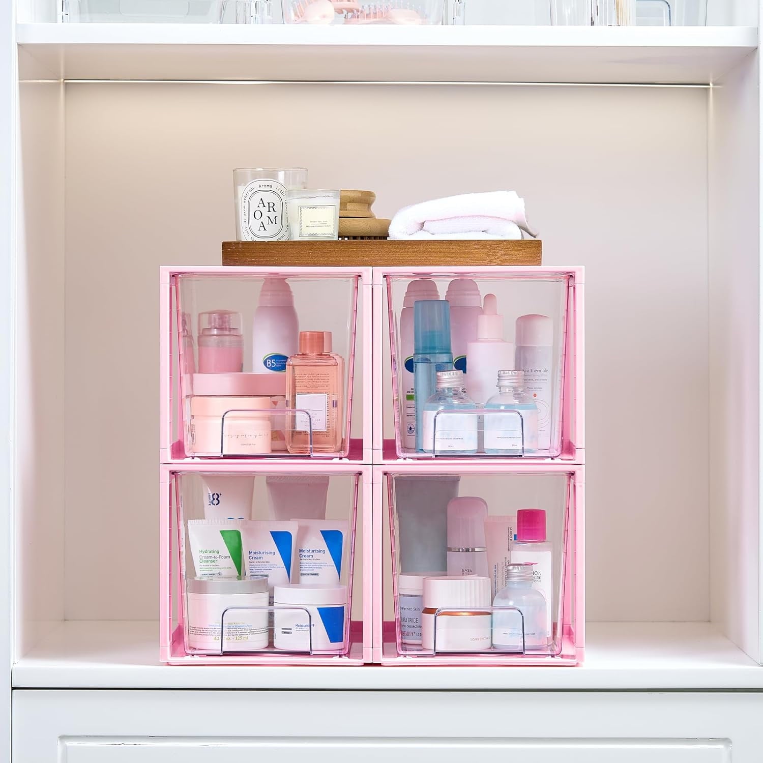 4 Pack Large Stackable Storage Drawers,Easily Assemble Acrylic Bathroom Closet Undersink Organizers and Storage,Plastic Bins for Kitchen Cabinets,Pantry,Makeup,Medicine Organization