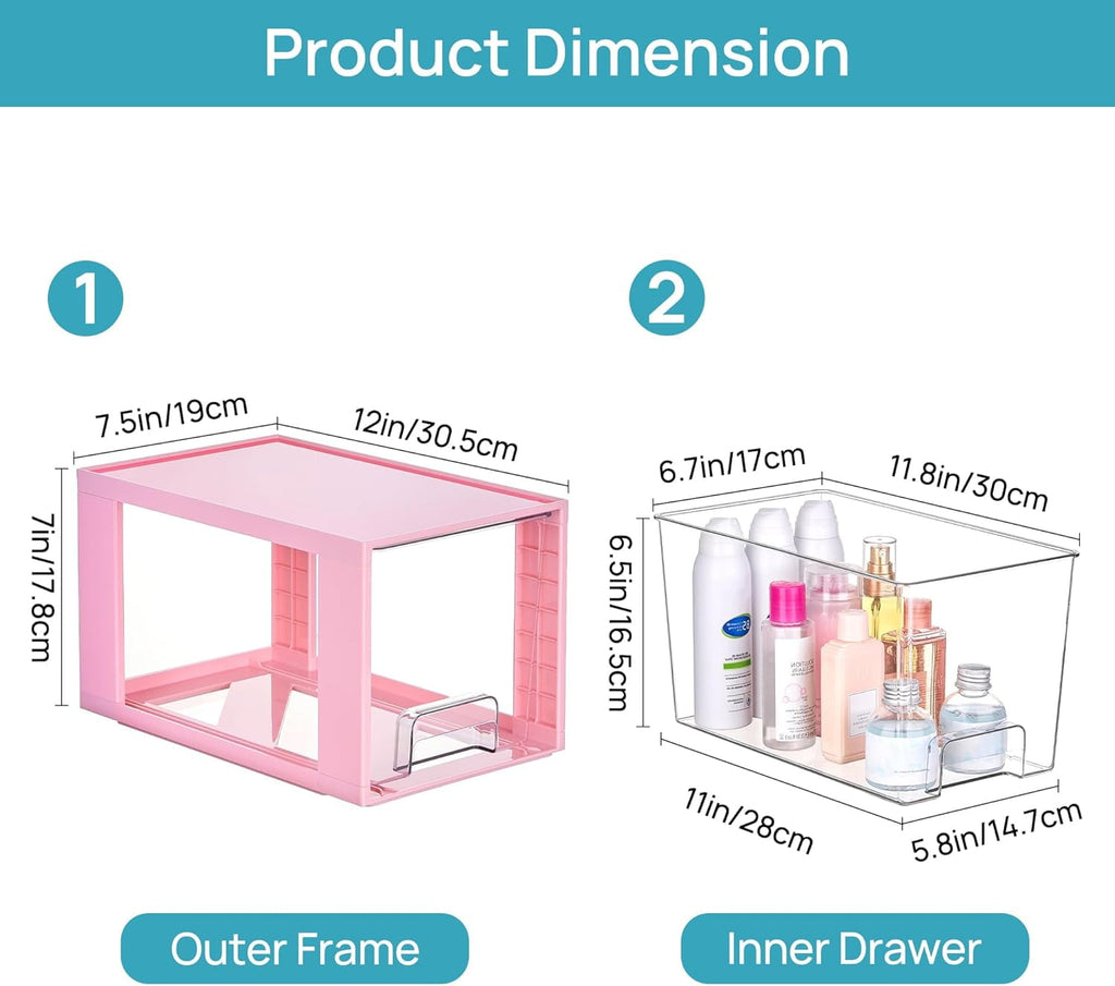 4 Pack Large Stackable Storage Drawers,Easily Assemble Acrylic Bathroom Closet Undersink Organizers and Storage,Plastic Bins for Kitchen Cabinets,Pantry,Makeup,Medicine Organization