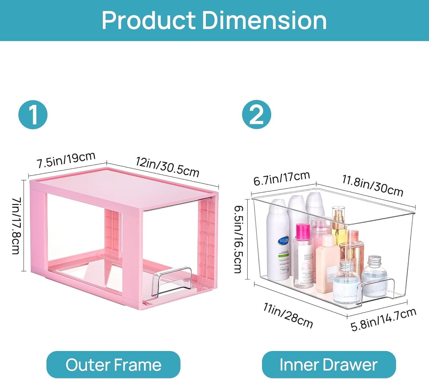 4 Pack Large Stackable Storage Drawers,Easily Assemble Acrylic Bathroom Closet Undersink Organizers and Storage,Plastic Bins for Kitchen Cabinets,Pantry,Makeup,Medicine Organization