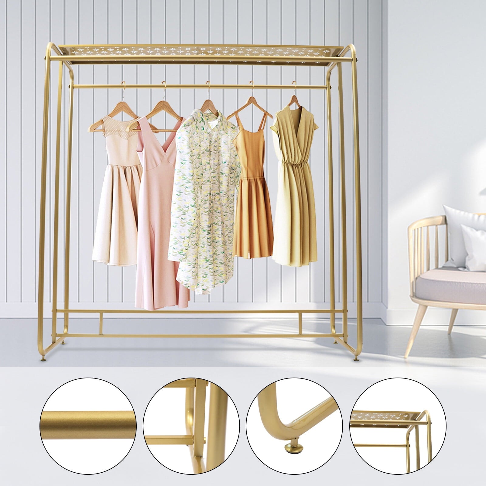 Boutique Adjustable Height Modern 2 Rods 1-Shelf Clothes Rack, Gold
