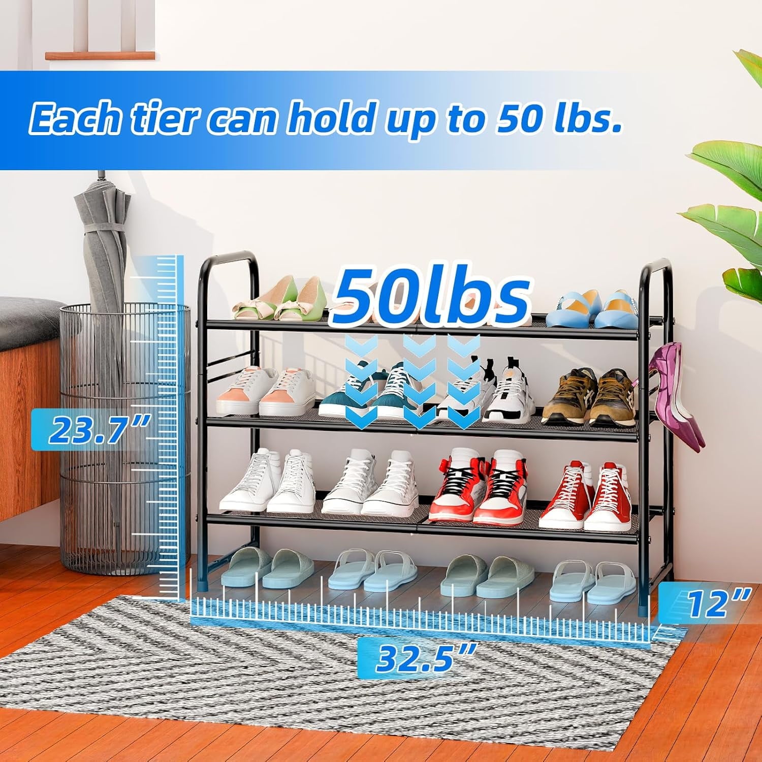 3-Tier Mesh Shoe Rack, Closet Metal 33" Wide Shoe Rack Organizer Heavy Duty, Black
