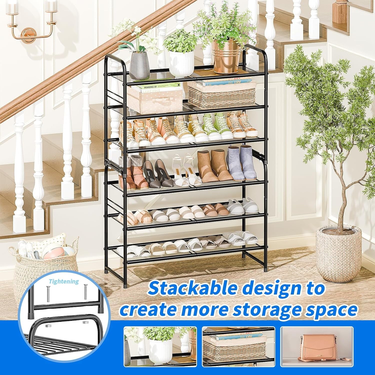 3-Tier Mesh Shoe Rack, Closet Metal 33" Wide Shoe Rack Organizer Heavy Duty, Black