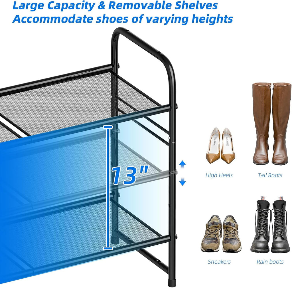 3-Tier Mesh Shoe Rack, Closet Metal 33" Wide Shoe Rack Organizer Heavy Duty, Black