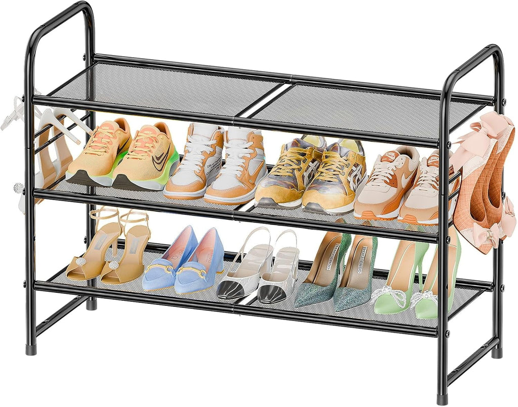 3-Tier Mesh Shoe Rack, Closet Metal 33" Wide Shoe Rack Organizer Heavy Duty, Black