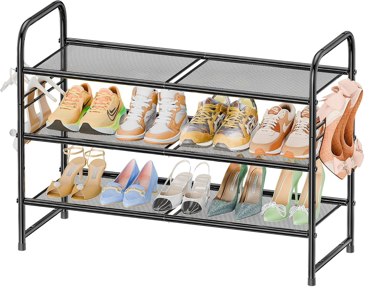 3-Tier Mesh Shoe Rack, Closet Metal 33" Wide Shoe Rack Organizer Heavy Duty, Black