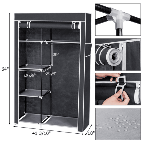 64" Portable Closet Organizer with Shelves - Heavy Duty Wardrobe Storage for Clothes, Gray Space-Saving Garment Rack, No Tools Assembly