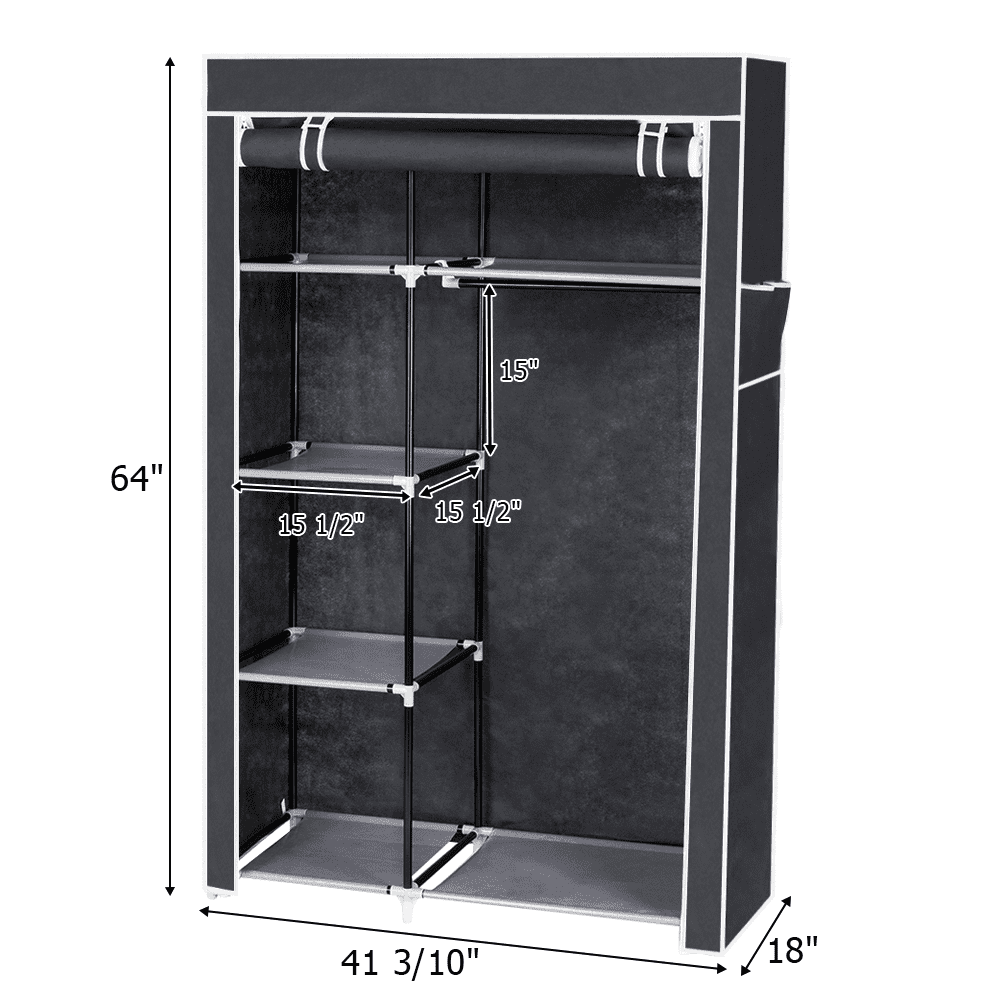64" Portable Closet Organizer with Shelves - Heavy Duty Wardrobe Storage for Clothes, Gray Space-Saving Garment Rack, No Tools Assembly