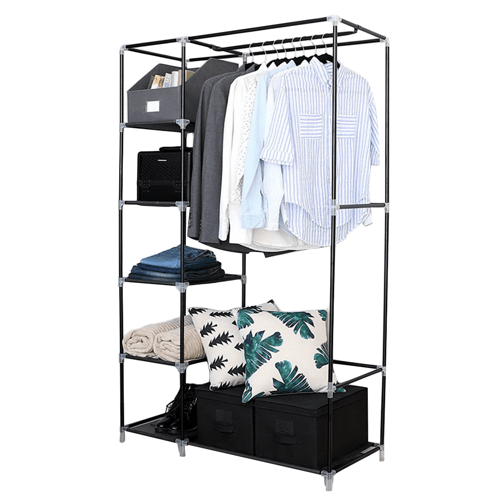 64" Portable Closet Organizer with Shelves - Heavy Duty Wardrobe Storage for Clothes, Gray Space-Saving Garment Rack, No Tools Assembly