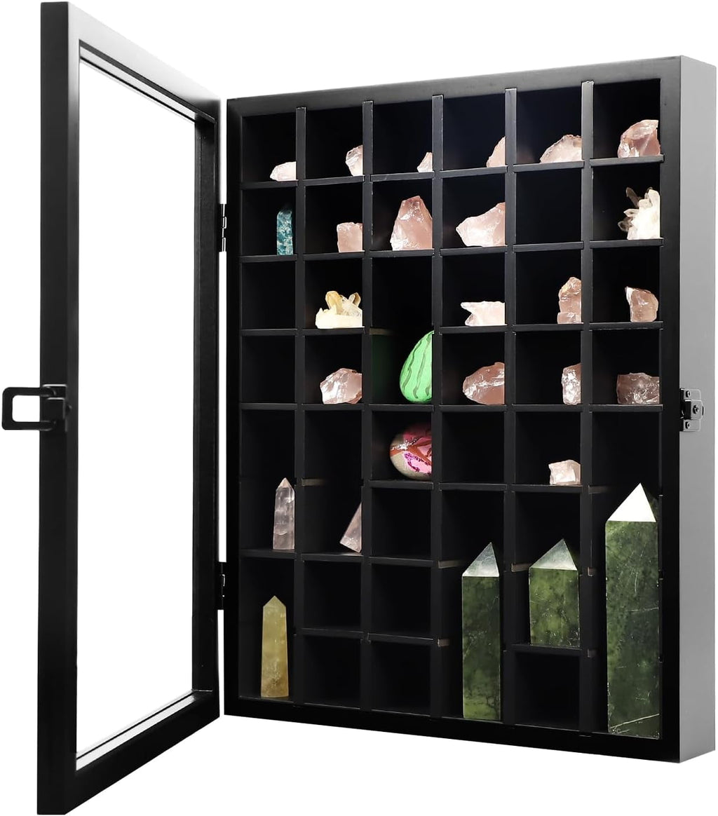 NeoMart Adjustable Rock Display Case - Wooden Crystal Organizer for Stones Storage - Rock Collection Box with Shelves for Agate Opal Crystal Stone Arrowheads Spear Points Rocks, Large Black