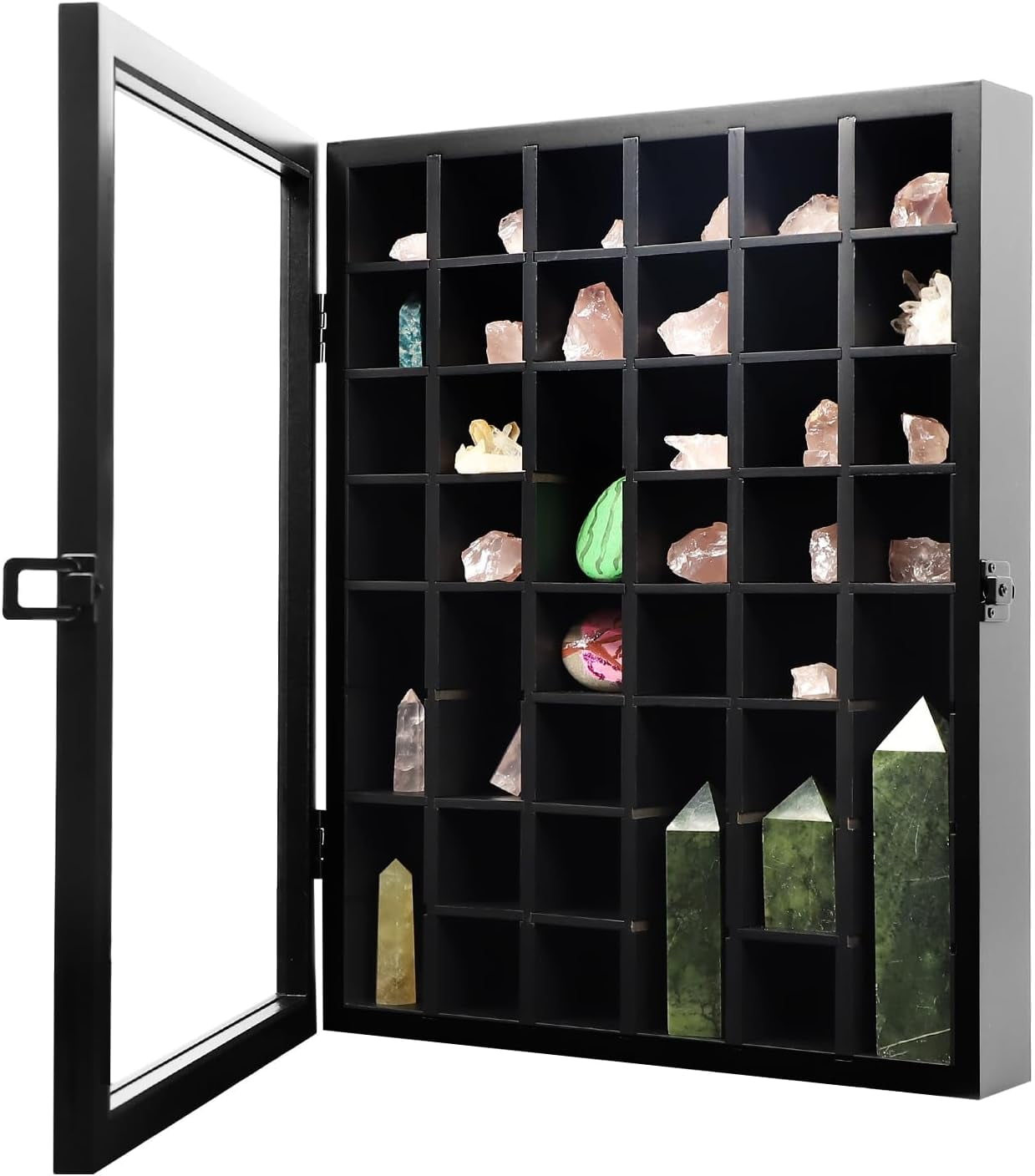 NeoMart Adjustable Rock Display Case - Wooden Crystal Organizer for Stones Storage - Rock Collection Box with Shelves for Agate Opal Crystal Stone Arrowheads Spear Points Rocks, Large Black