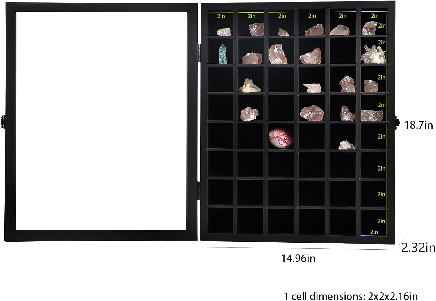 NeoMart Adjustable Rock Display Case - Wooden Crystal Organizer for Stones Storage - Rock Collection Box with Shelves for Agate Opal Crystal Stone Arrowheads Spear Points Rocks, Large Black