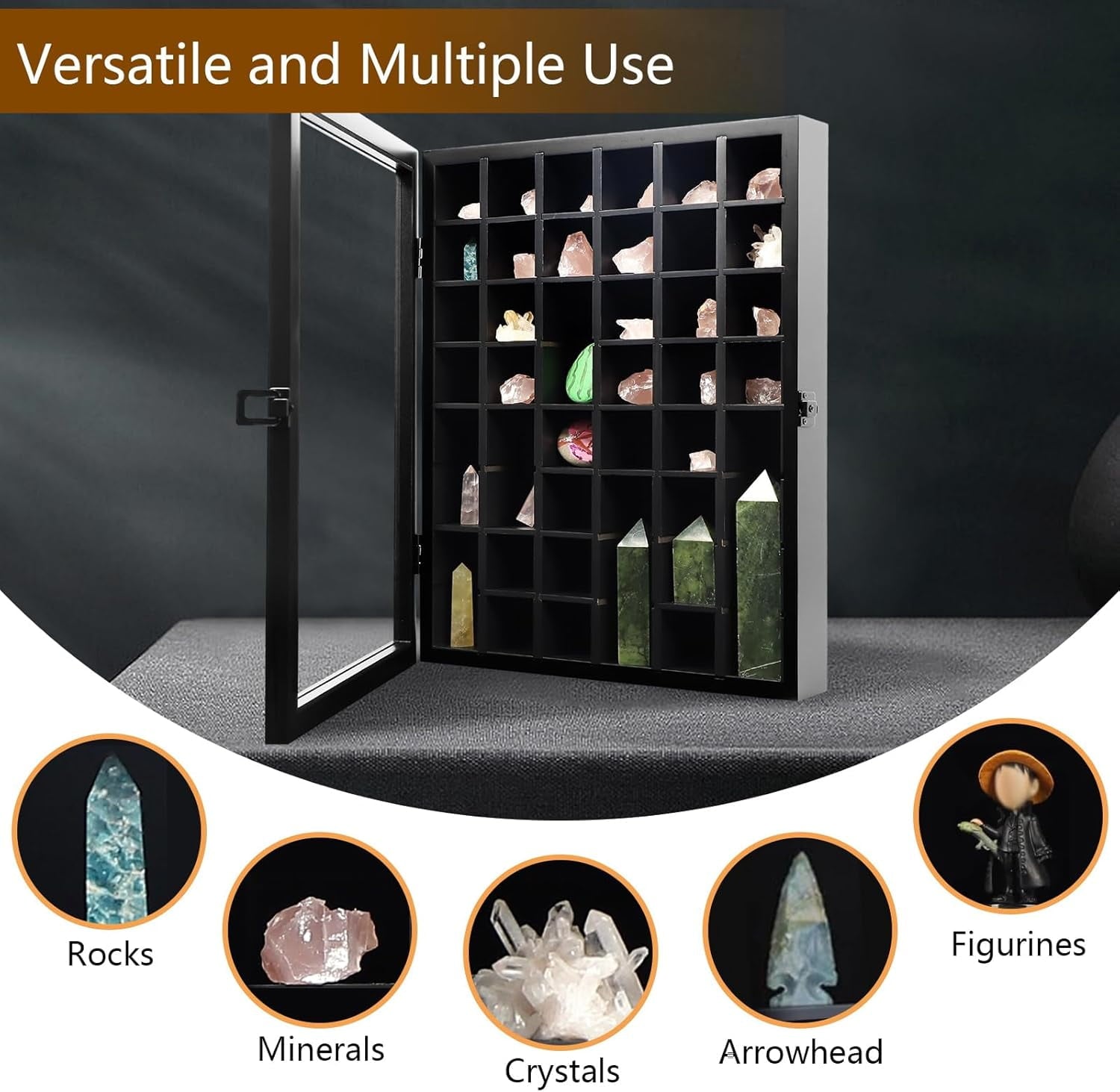 NeoMart Adjustable Rock Display Case - Wooden Crystal Organizer for Stones Storage - Rock Collection Box with Shelves for Agate Opal Crystal Stone Arrowheads Spear Points Rocks, Large Black