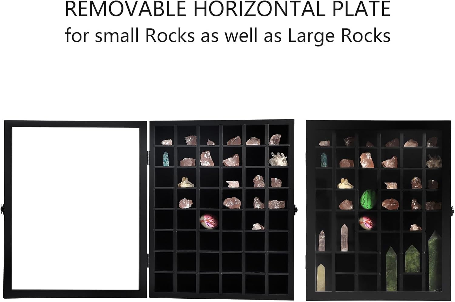 NeoMart Adjustable Rock Display Case - Wooden Crystal Organizer for Stones Storage - Rock Collection Box with Shelves for Agate Opal Crystal Stone Arrowheads Spear Points Rocks, Large Black