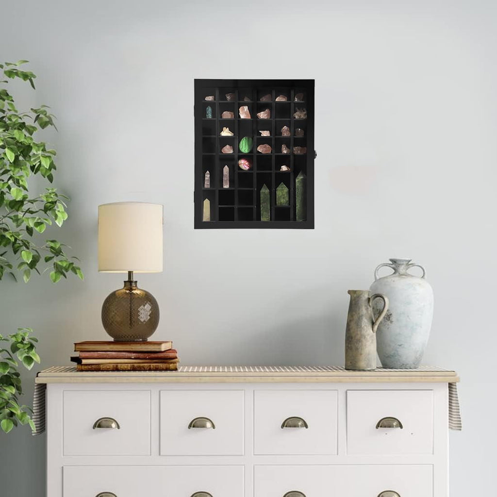NeoMart Adjustable Rock Display Case - Wooden Crystal Organizer for Stones Storage - Rock Collection Box with Shelves for Agate Opal Crystal Stone Arrowheads Spear Points Rocks, Large Black