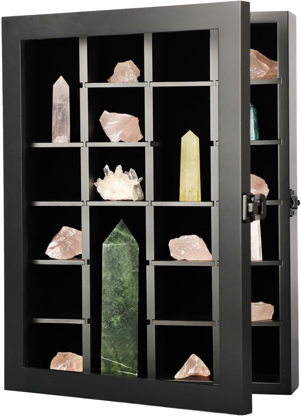 NeoMart Adjustable Rock Display Case - Wooden Crystal Organizer for Stones Storage - Rock Collection Box with Shelves for Agate Opal Crystal Stone Arrowheads Spear Points Rocks, Large Black