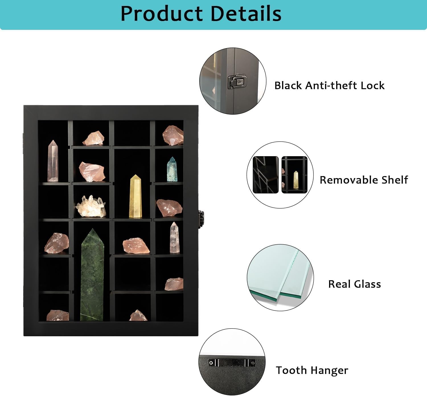 NeoMart Adjustable Rock Display Case - Wooden Crystal Organizer for Stones Storage - Rock Collection Box with Shelves for Agate Opal Crystal Stone Arrowheads Spear Points Rocks, Large Black