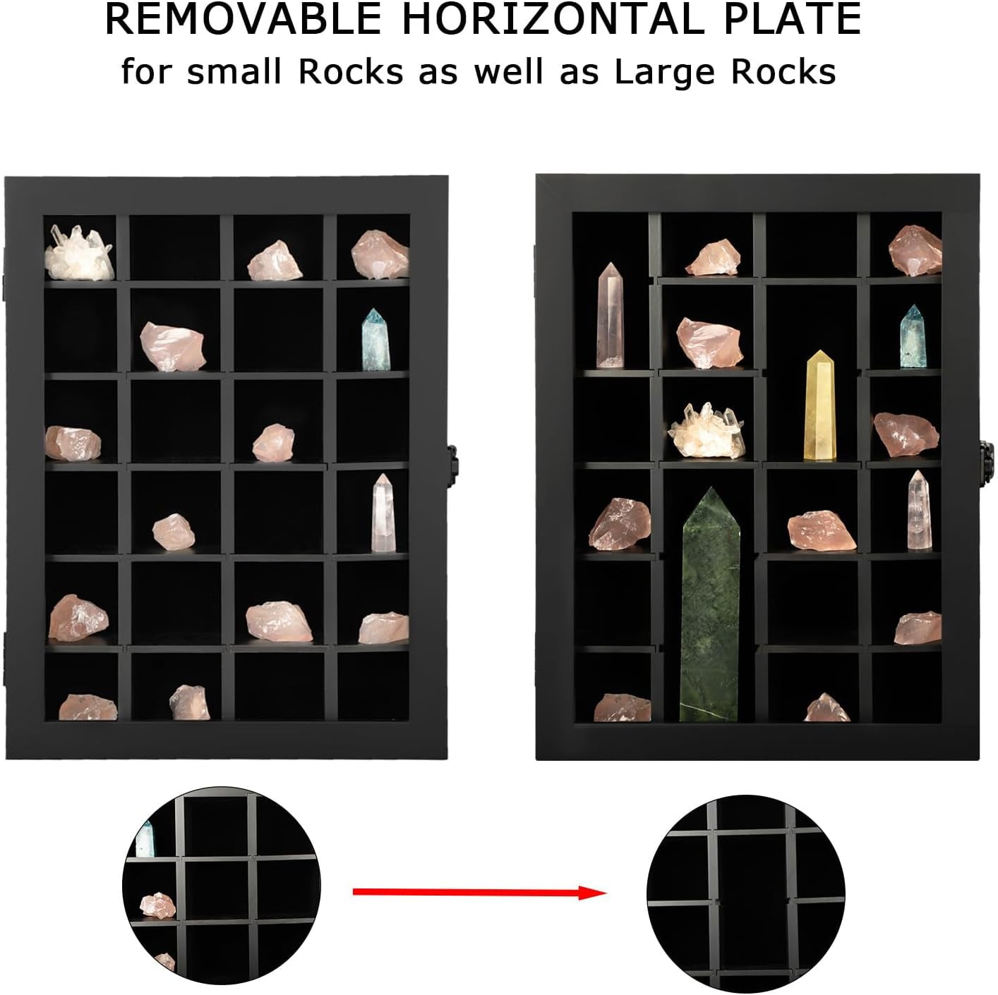 NeoMart Adjustable Rock Display Case - Wooden Crystal Organizer for Stones Storage - Rock Collection Box with Shelves for Agate Opal Crystal Stone Arrowheads Spear Points Rocks, Large Black
