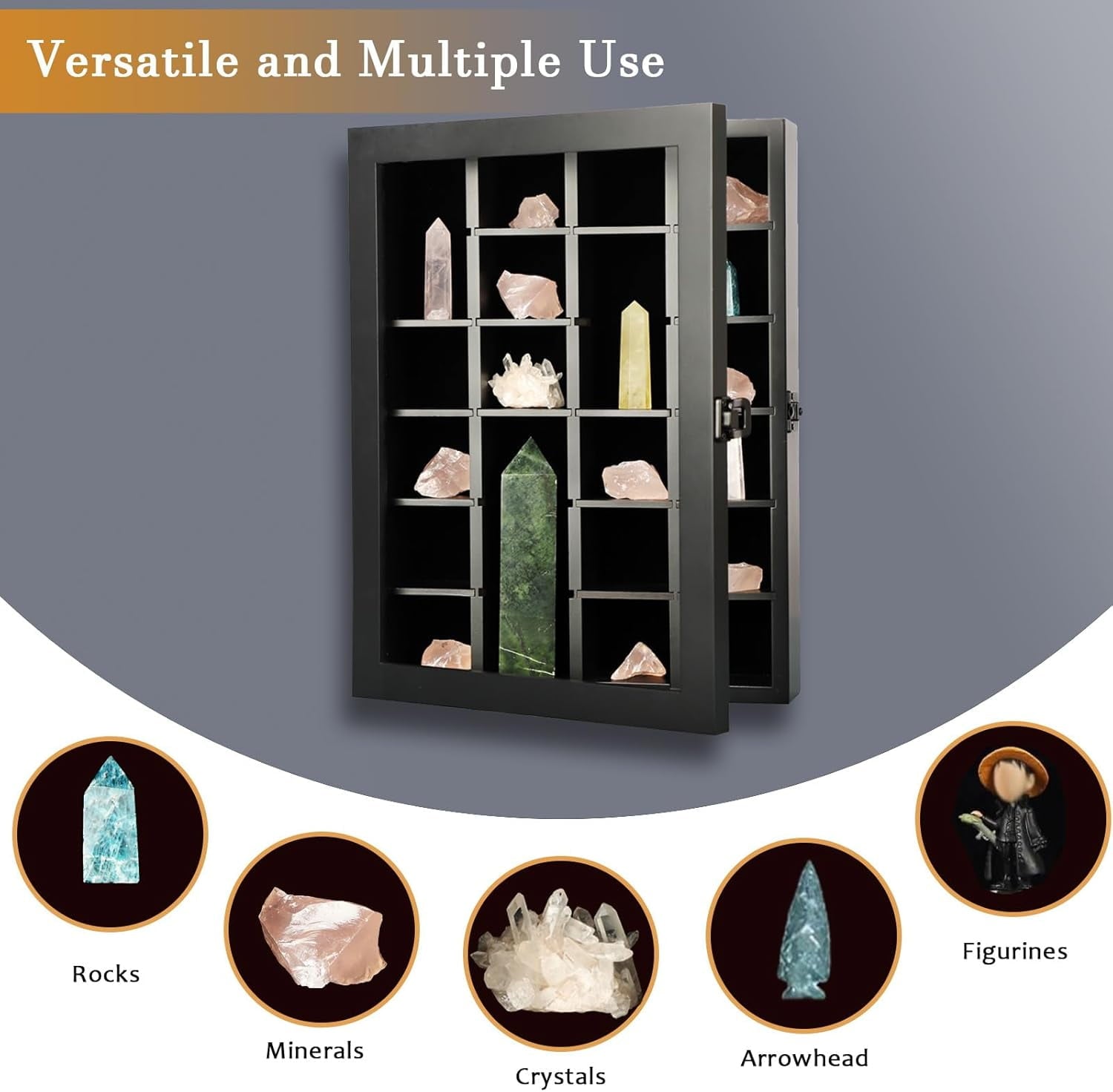 NeoMart Adjustable Rock Display Case - Wooden Crystal Organizer for Stones Storage - Rock Collection Box with Shelves for Agate Opal Crystal Stone Arrowheads Spear Points Rocks, Large Black